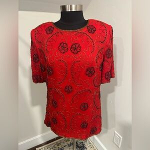 VINTAGE PLUS Red Beaded Embellished Short Sleeve Blouse By Stenay ✨